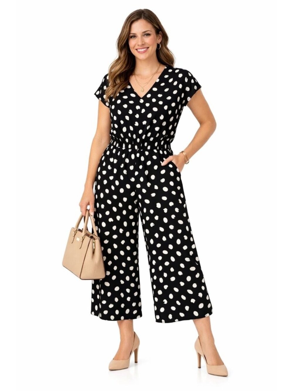 Masai Nabala Jumpsuit Black White Polka Dot Midi L Wide Leg Stretch Pant Classic